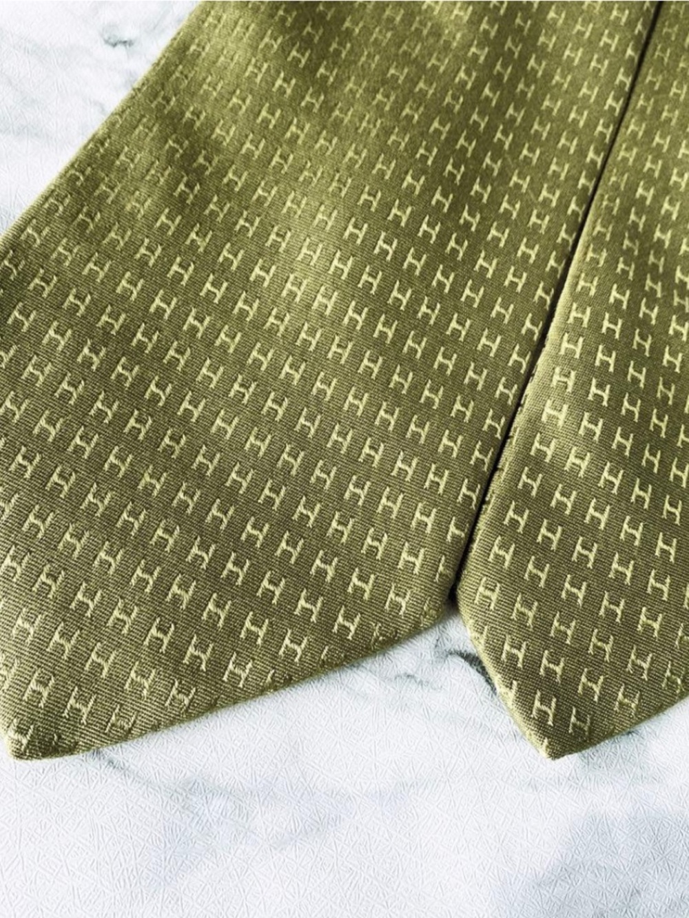 Hermes Olive Green 'H' Pattern Silk Tie